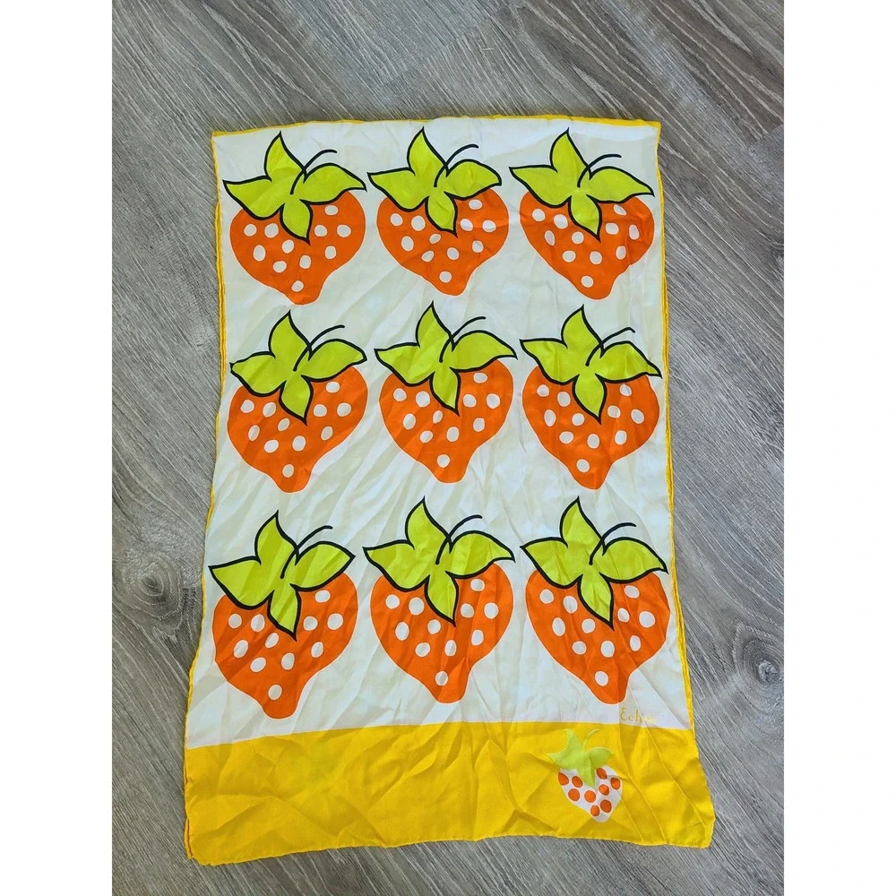 VTG 70s Echo 100% Silk Rectangle Scarf Retro Strawberry Print Polka Dot Dopamine